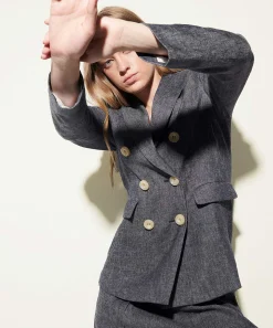 Luisa Cerano Blazer De Mezcla De Lino De Aspecto Denim