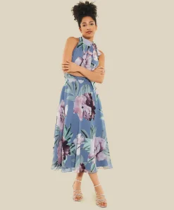 Vestido Halter Con Vuelo Y Estampado Floral